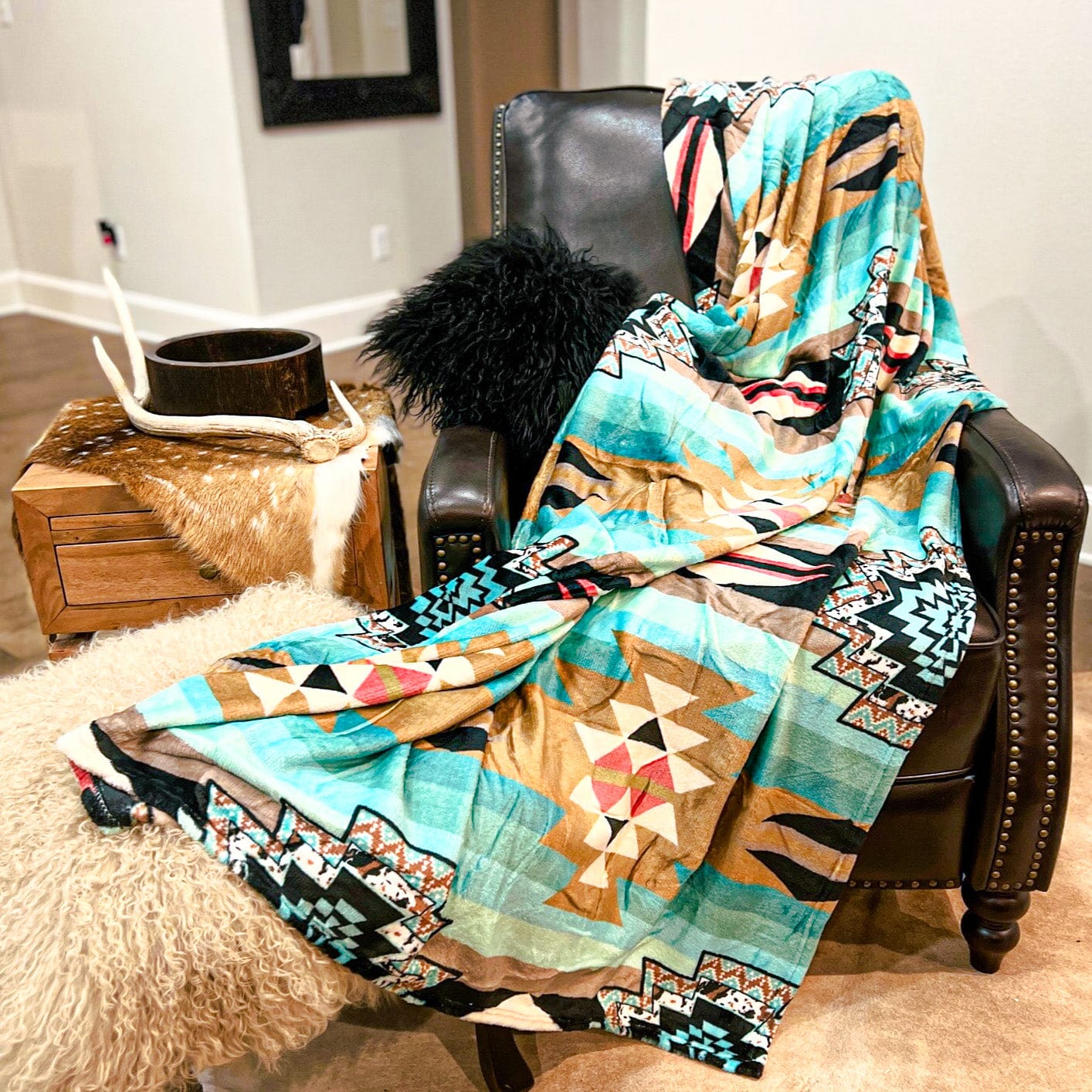 Cow Turquoise Aztec Throw Blanket 60”x80” Envy Stylz Boutique