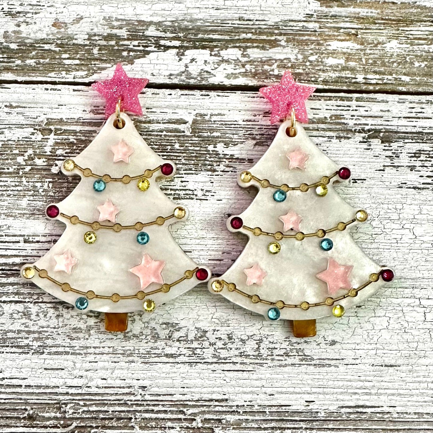 Envy Stylz Boutique Women - Accessories - Earrings White & Pink Star Christmas Tree Earrings