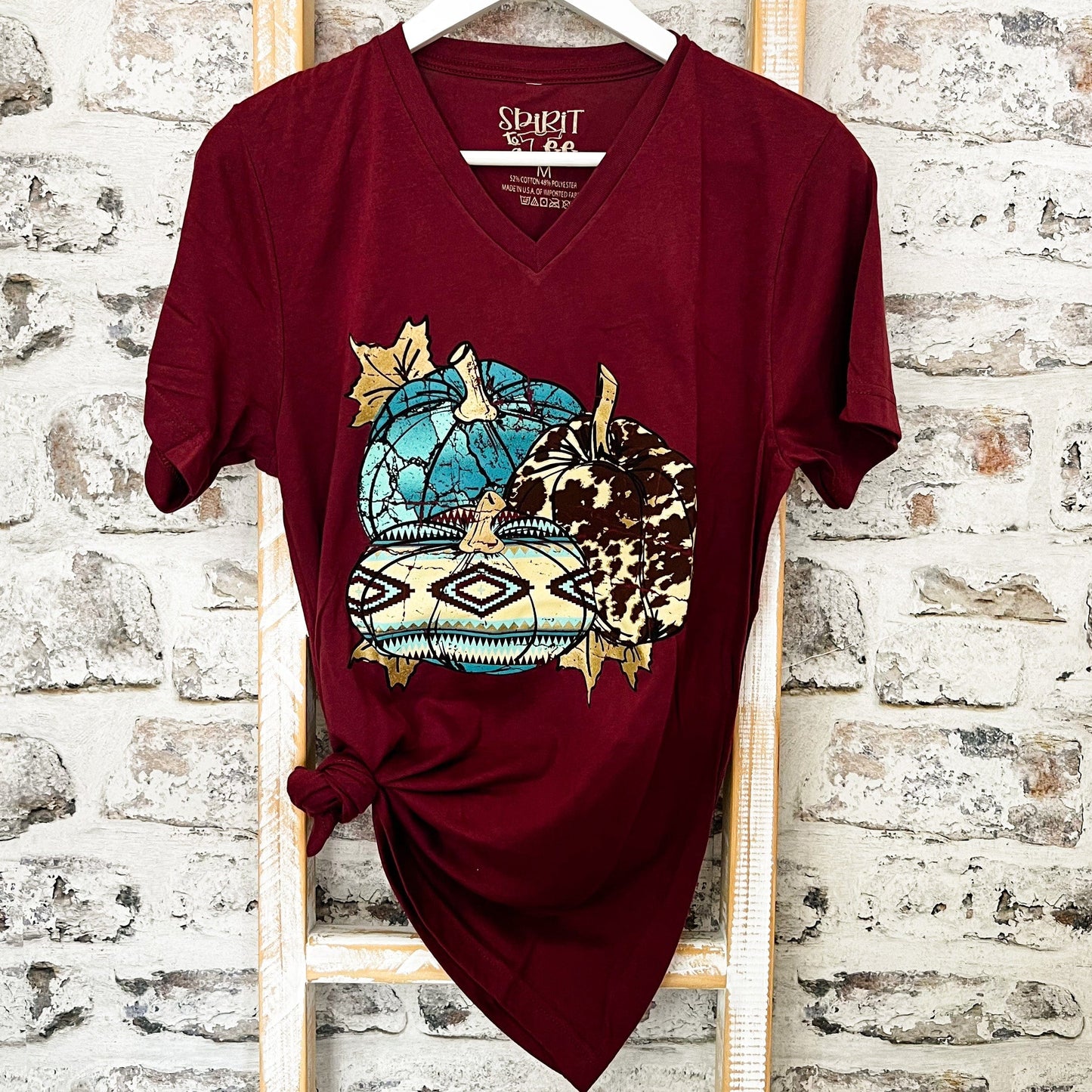 Envy Stylz Boutique Women - Apparel - Shirts - T-Shirts Aztec, Cow, Turquoise Pumpkins V-Neck Soft Graphic Tee
