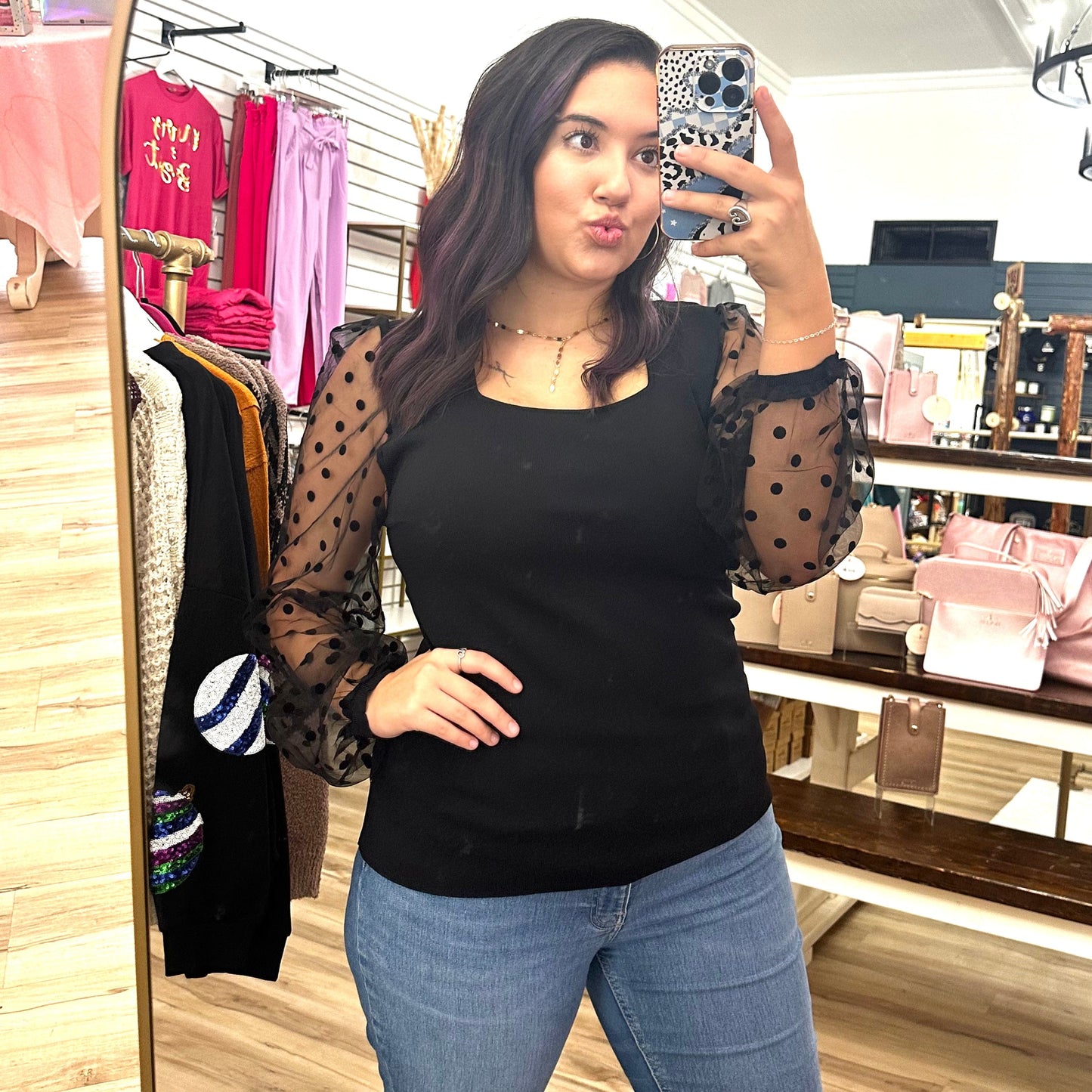 Envy Stylz Boutique Women - Apparel - Shirts - T-Shirts Black Sheer Polka Dot Top