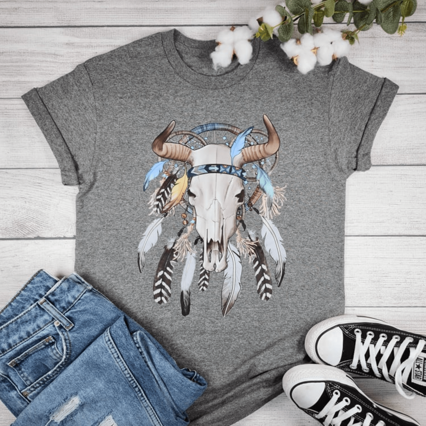 Dreamcatcher Cow Skull Graphic T shirt