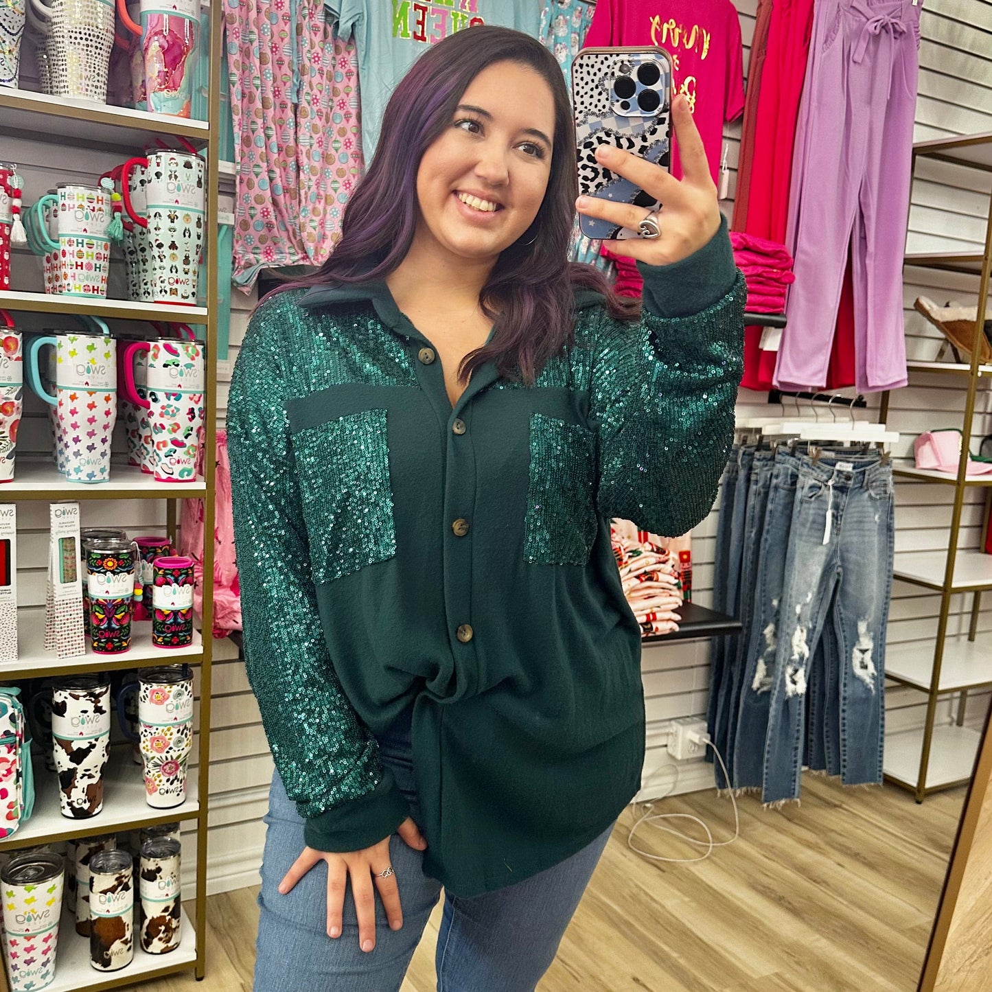 Envy Stylz Boutique Women - Apparel - Shirts - T-Shirts Green Sequin Button Down Shacket