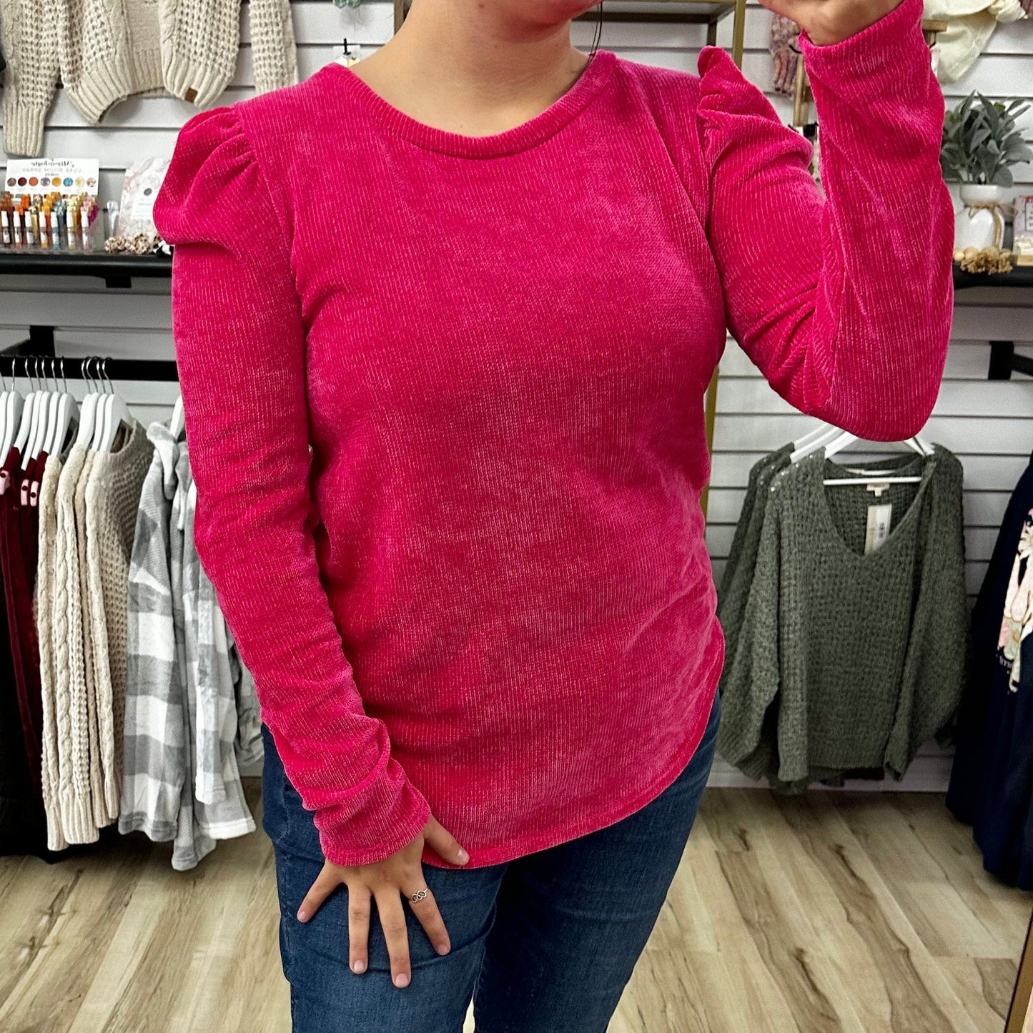 Envy Stylz Boutique Women - Apparel - Shirts - T-Shirts Pink Chenille Puff Sleeve Top
