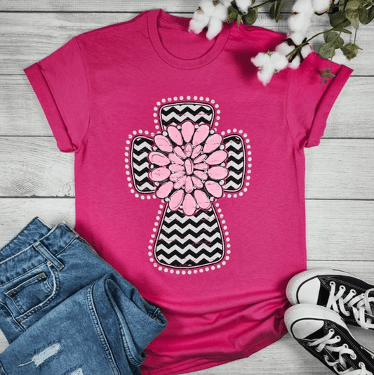 Envy Stylz Boutique Women - Apparel - Shirts - T-Shirts Pink Chevron Gemstone Cross Graphic T-shirt