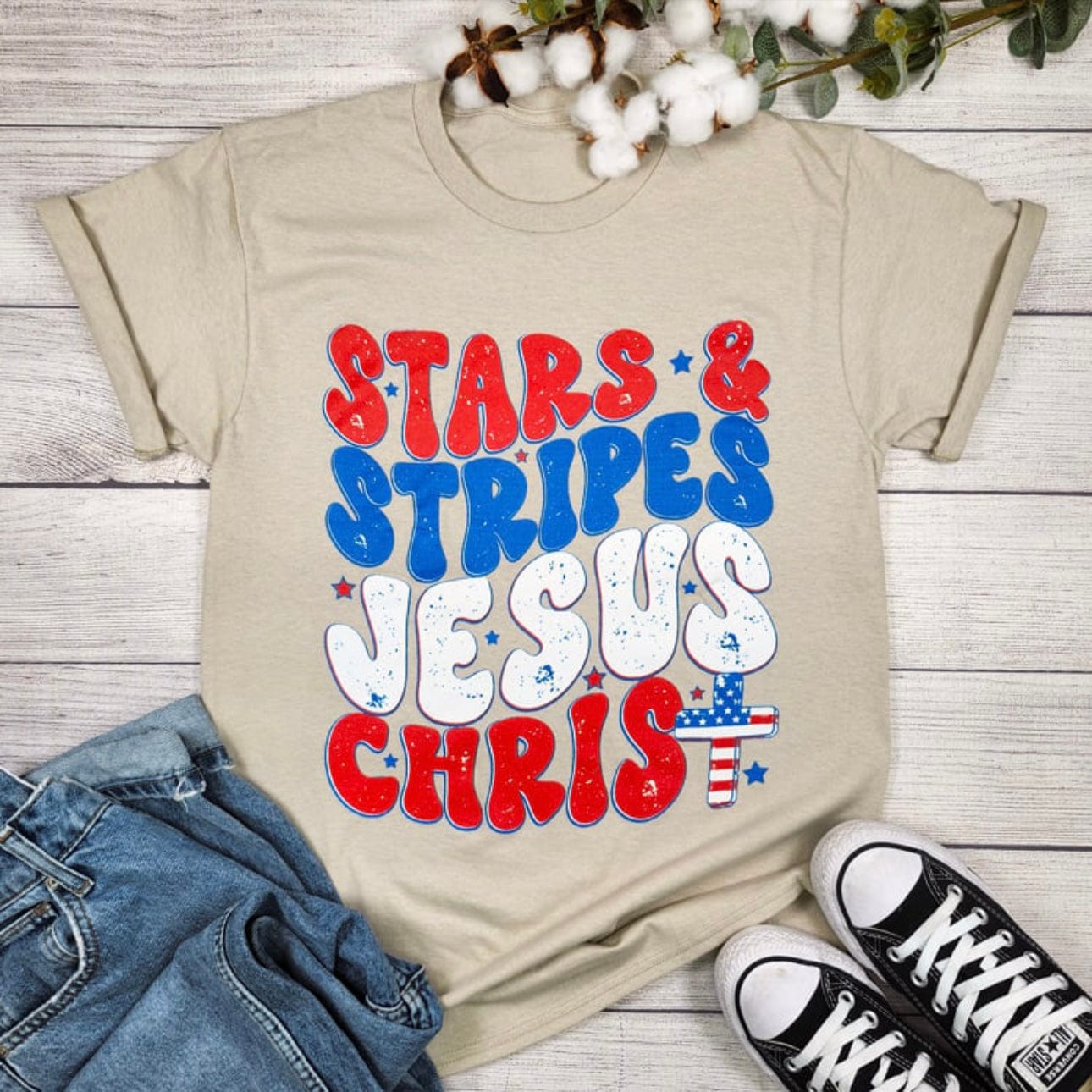 Envy Stylz Boutique Women - Apparel - Shirts - T-Shirts Stars and Stripes and Jesus Christ Graphic Tee