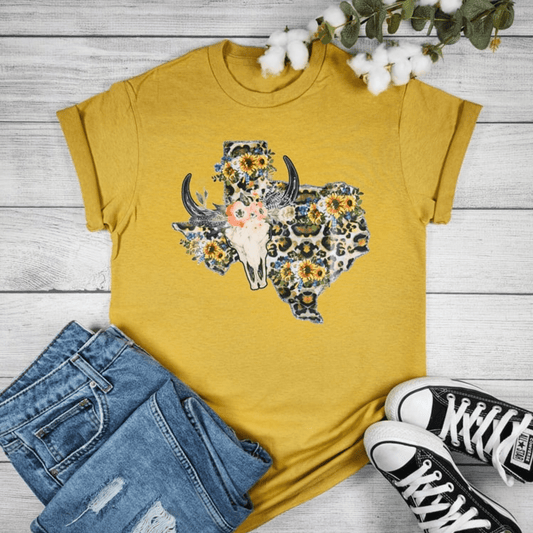 Envy Stylz Boutique Women - Apparel - Shirts - T-Shirts Texas Cheetah Sunflower with Cow Skull Graphic T-shirt