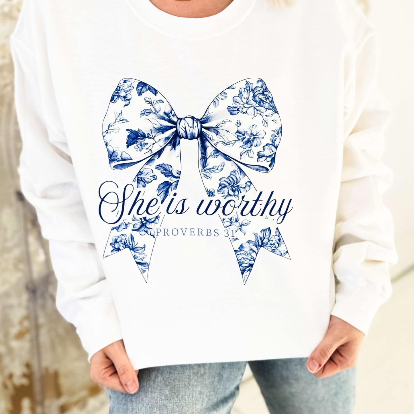 Envy Stylz Wholesale Women - Apparel - Shirts - T-Shirts She Is Worthy Blue Bow Graphic Sweatshirt