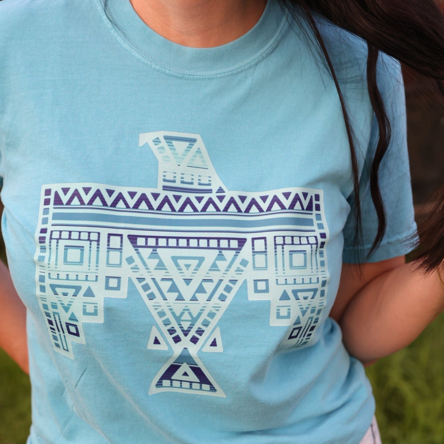 FestiviTees Women - Apparel - Shirts - T-Shirts Blue Aztec Thunderbird Graphic Tee