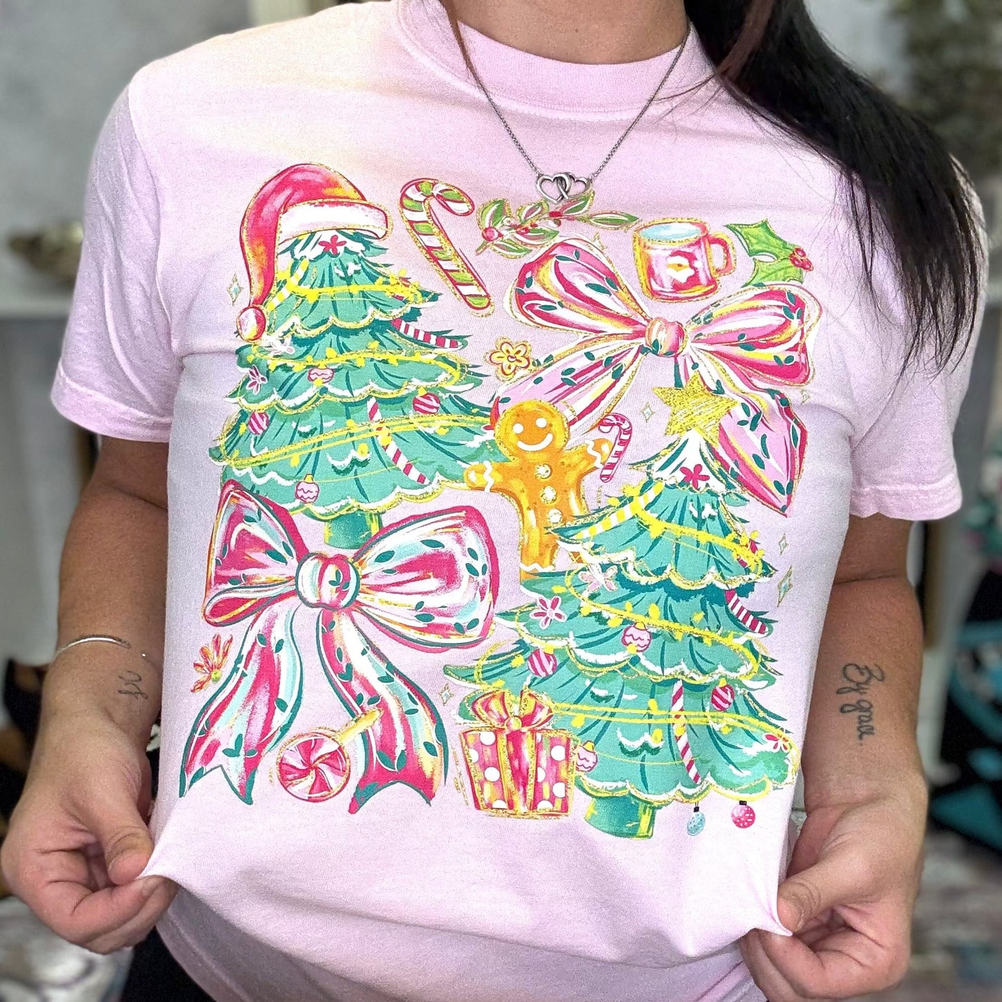 FestiviTees Women - Apparel - Shirts - T-Shirts Bows And Christmas Trees Graphic Tee