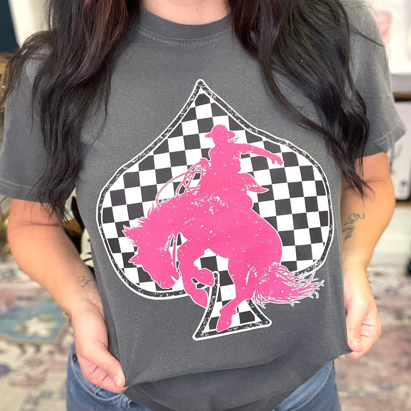 FestiviTees Women - Apparel - Shirts - T-Shirts Checkered Spade Pink Bronc Graphic Tee