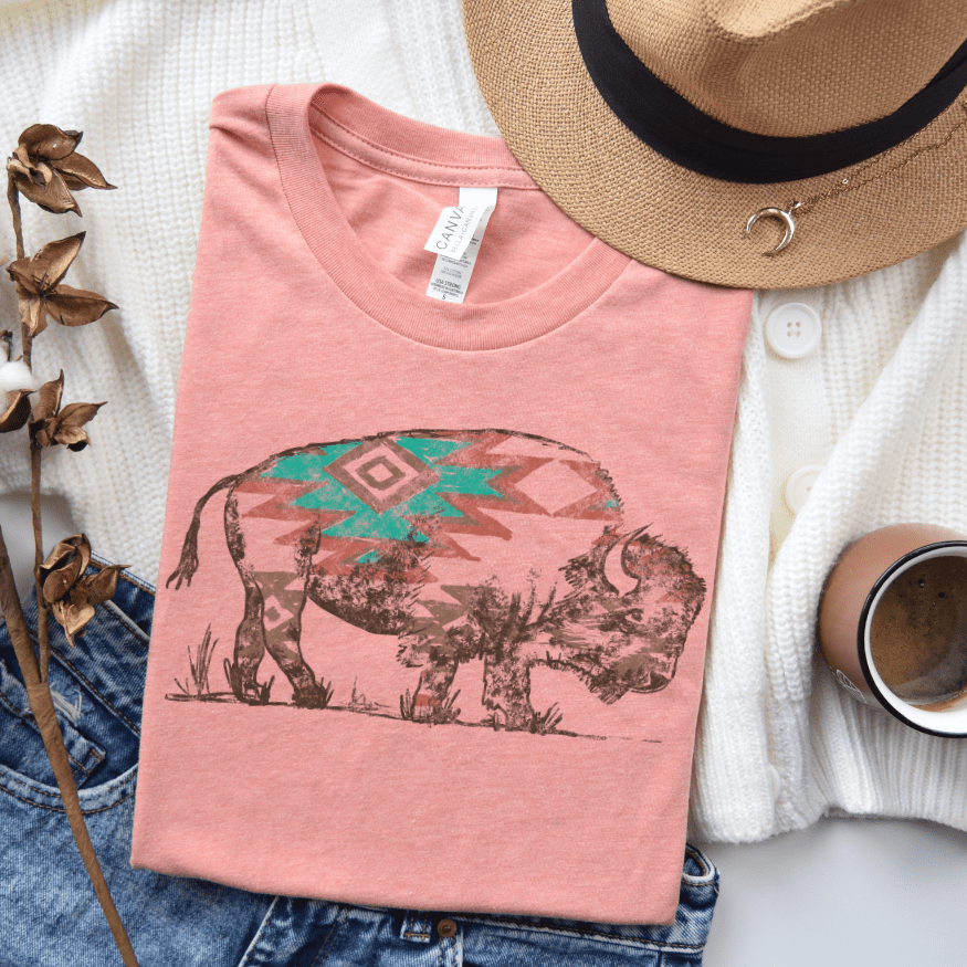 FestiviTees Women - Apparel - Shirts - T-Shirts Mint & Red Aztec Buffalo Graphic Tee