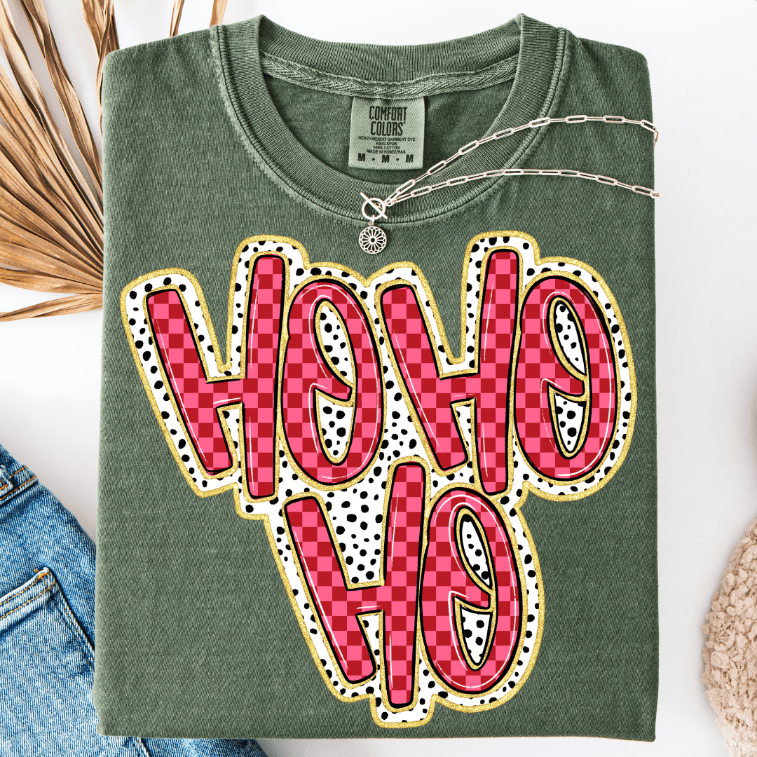 FestiviTees Women - Apparel - Shirts - T-Shirts Pink and Red HO HO HO Graphic Tee