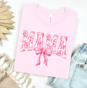 FestiviTees Women - Apparel - Shirts - T-Shirts Pink Floral Mama with Bow Graphic Tee