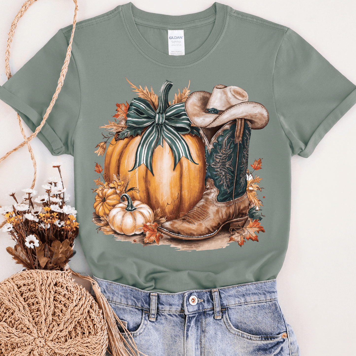 FestiviTees Women - Apparel - Shirts - T-Shirts Pumpkin with Cowboy Boot Graphic Tee