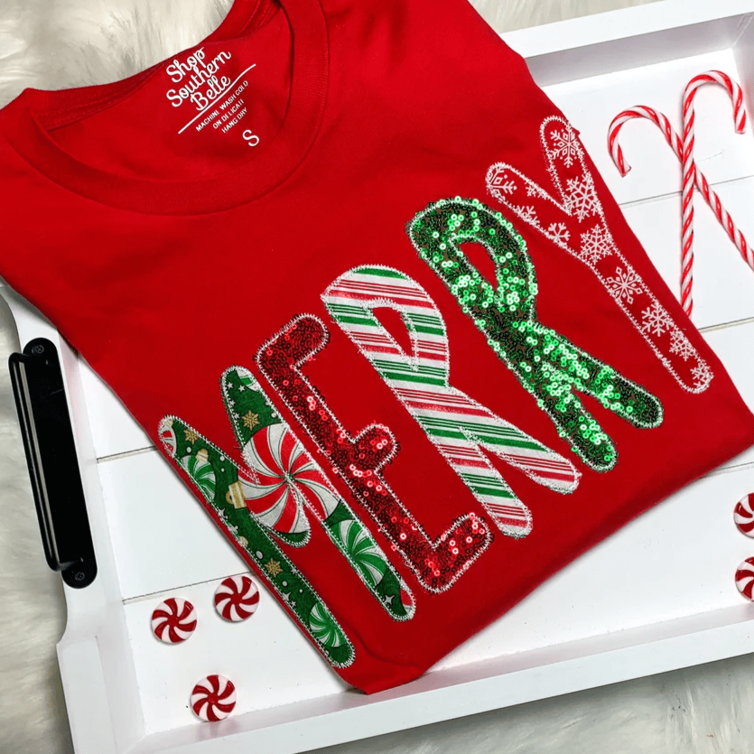 SSB Women - Apparel - Shirts - T-Shirts Red Merry Embroidery Graphic Tee