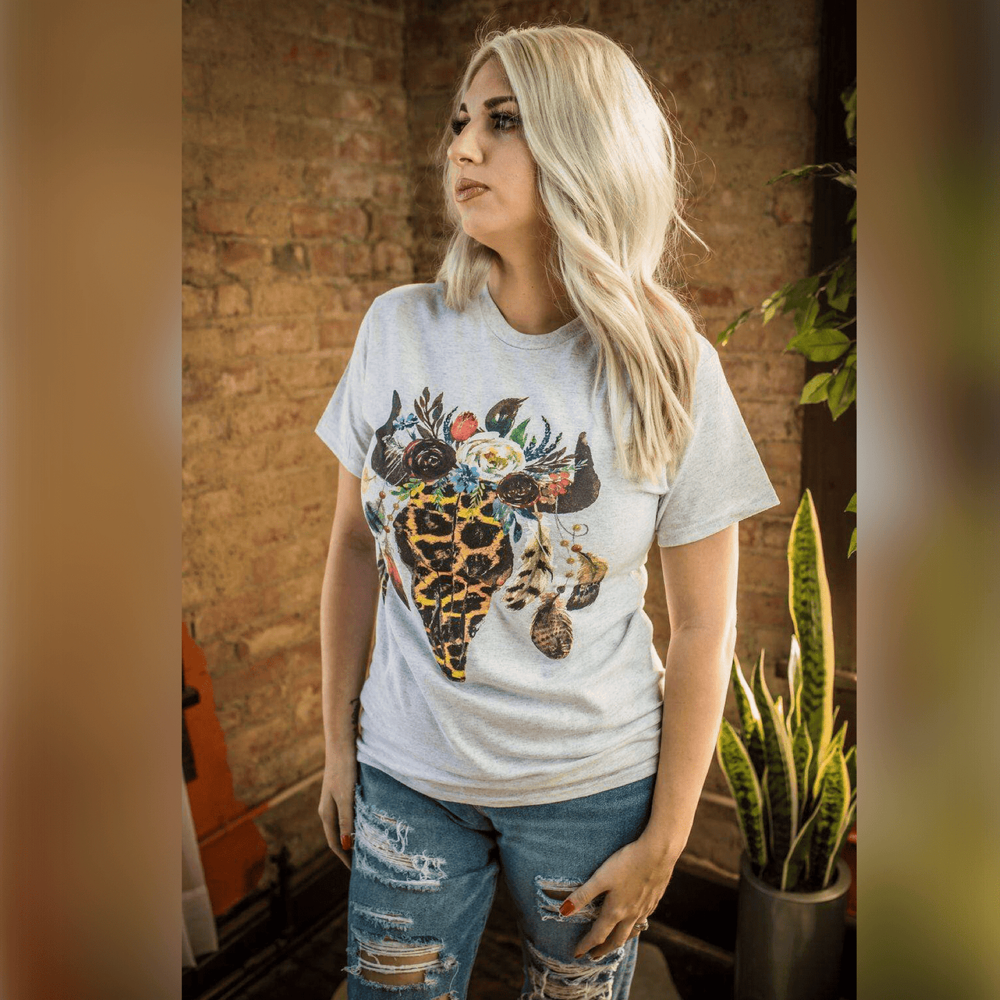 Envy Stylz Boutique Women - Apparel - Shirts - T-Shirts Leopard Floral Feather Bull Skull Graphic Tee