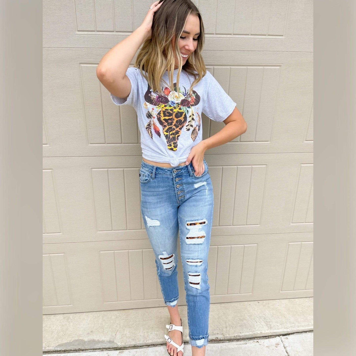 Envy Stylz Boutique Women - Apparel - Shirts - T-Shirts Leopard Floral Feather Bull Skull Graphic Tee