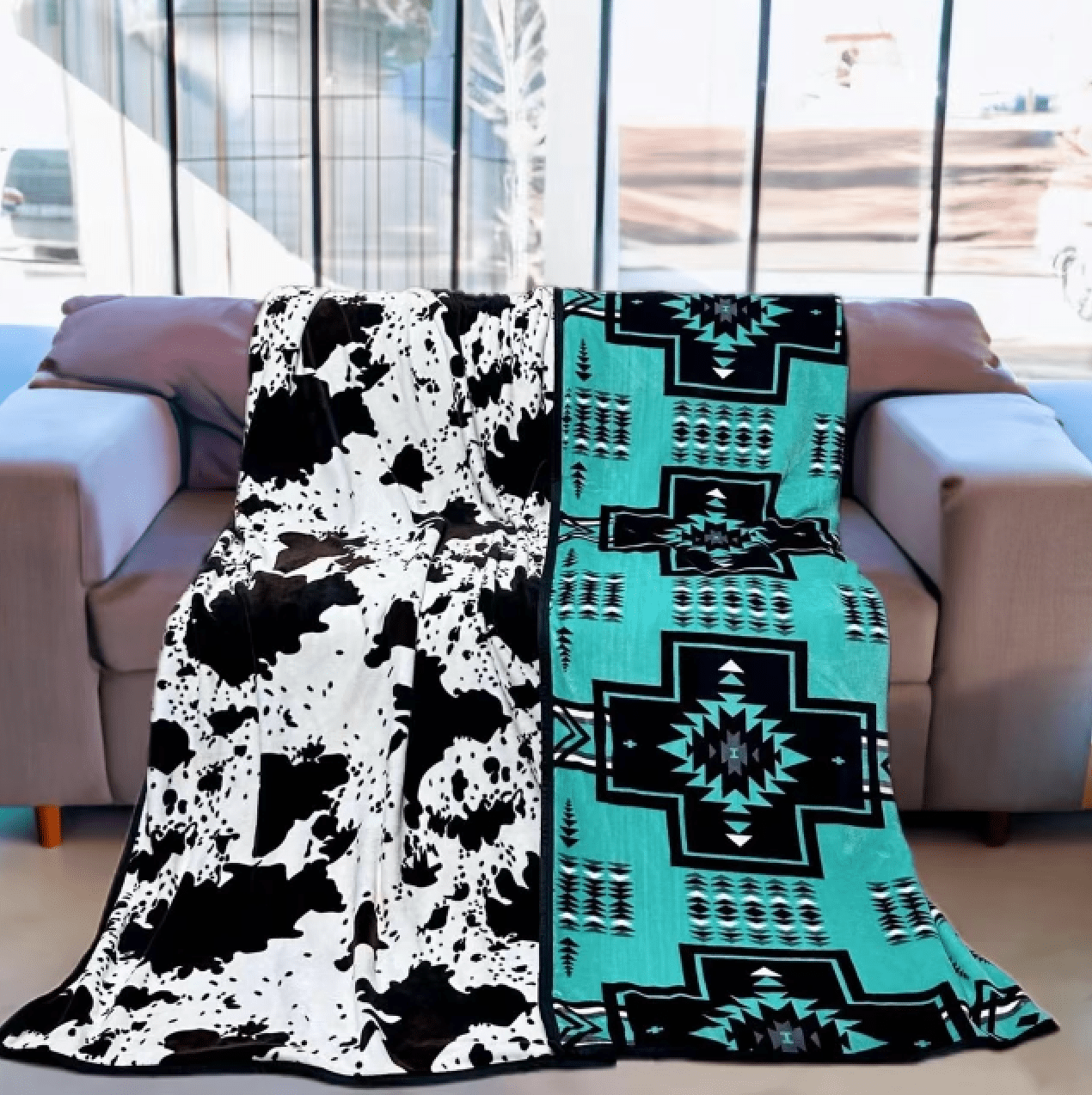 Envy Stylz Boutique Blanket Reversible Solid Cow and Turquoise Pattern 2 Ply Oversized Blanket 82"x90"