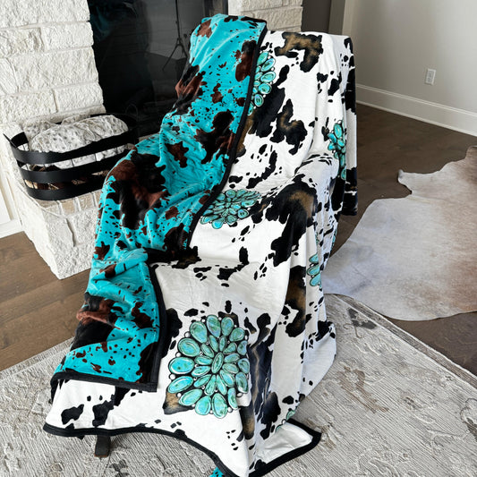 Envy Stylz Boutique Blanket Reversible Turquoise Cow and Concho 2 Ply Oversized Blanket 82"x90"