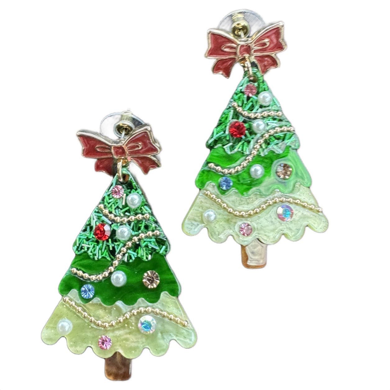 Envy Stylz Boutique Women - Accessories - Earrings Green Christmas Tree with Bow Glitter Stud Earrings