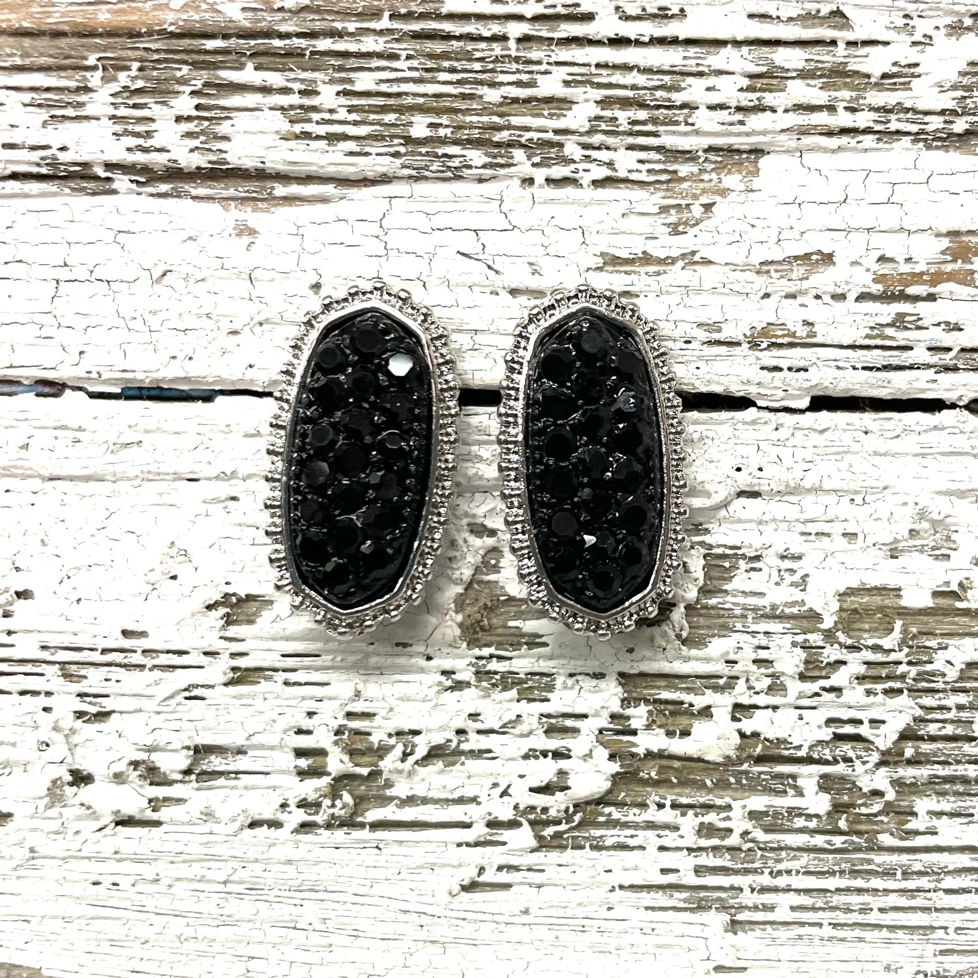 Envy Stylz Boutique Women - Accessories - Earrings Silver Oval with Black Rhinestone Stud Earrings