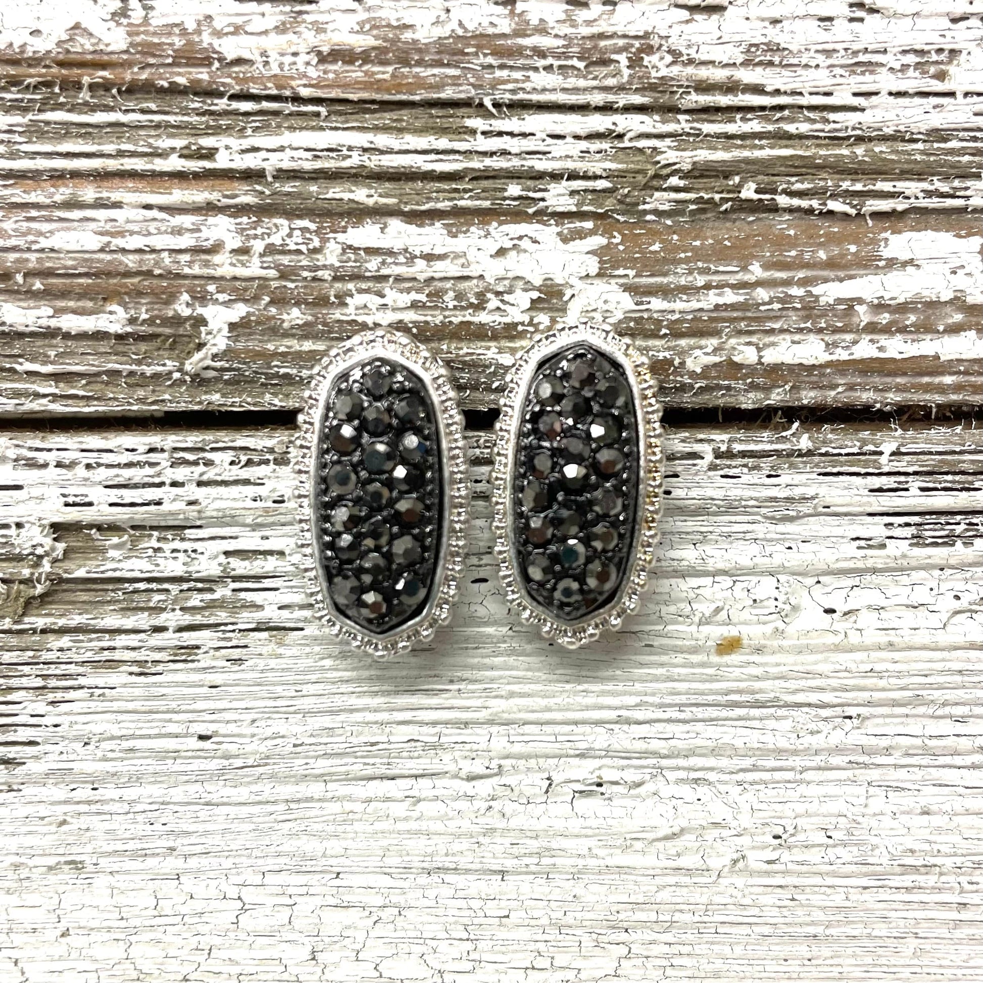 Envy Stylz Boutique Women - Accessories - Earrings Silver Oval with Charcoal Rhinestone Stud Earrings