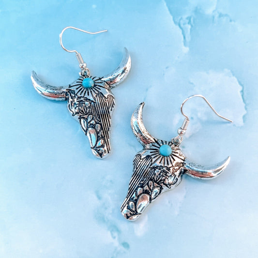 Envy Stylz Boutique Women - Accessories - Earrings Western Cactus Turquoise Flower Bullskull Earrings