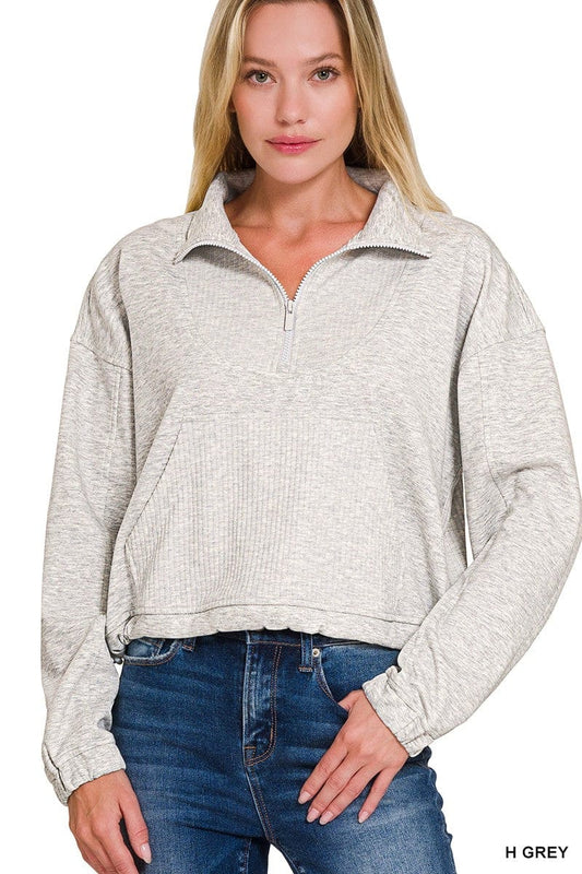 Envy Stylz Boutique Women - Apparel - Shirts - Sweater SCUBA HALF ZIP PULLOVER WITH KANGAROO POCKETS HEATHER GREY