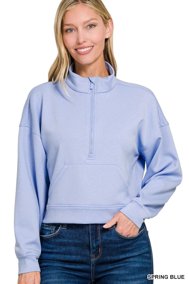 Envy Stylz Boutique Women - Apparel - Shirts - Sweater SCUBA HALF ZIP PULLOVER WITH KANGAROO POCKETS SPRING BLUE