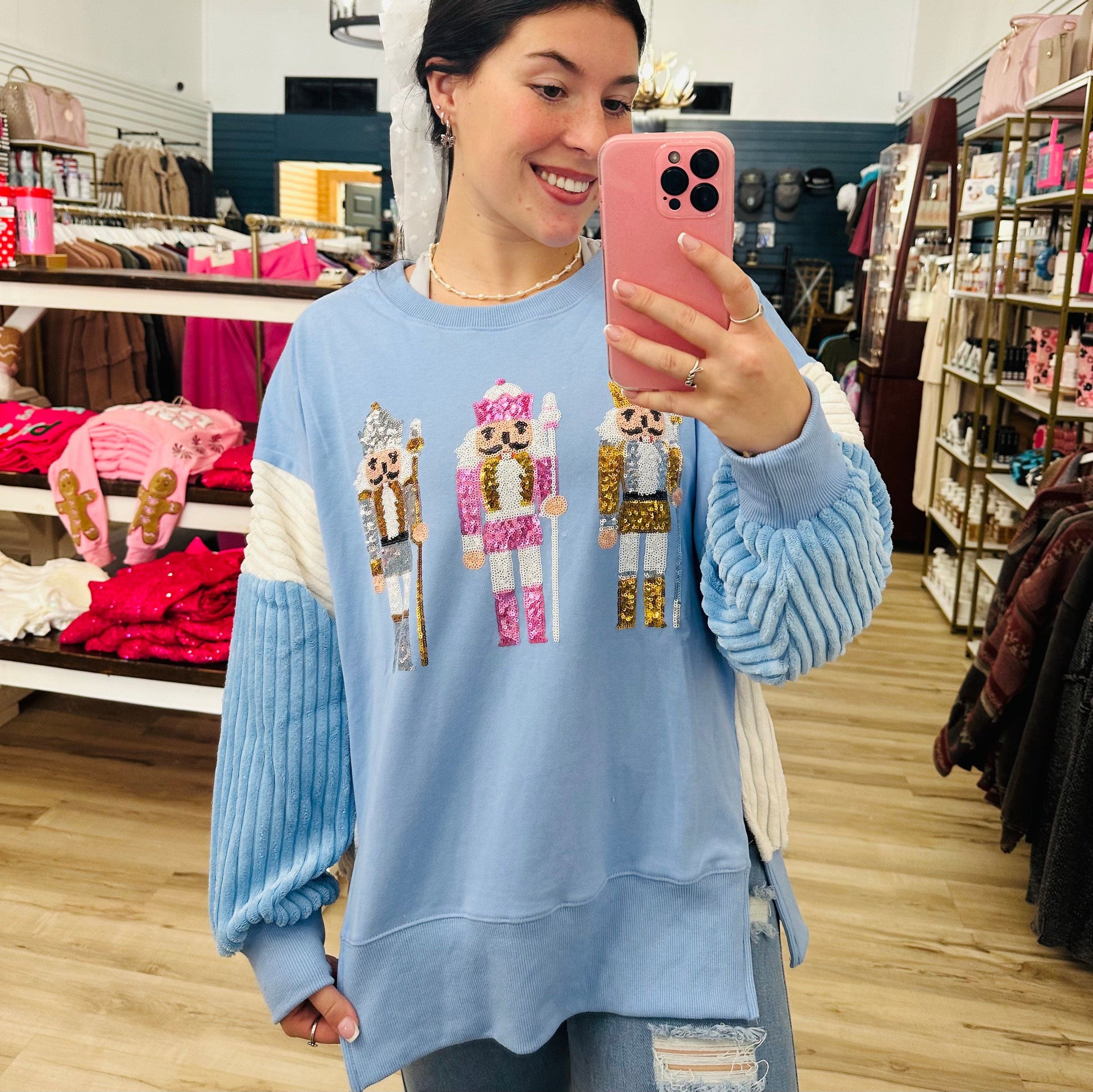 Envy Stylz Boutique Women - Apparel - Shirts - Sweatshirt Light Blue Nutcracker Christmas Sweater