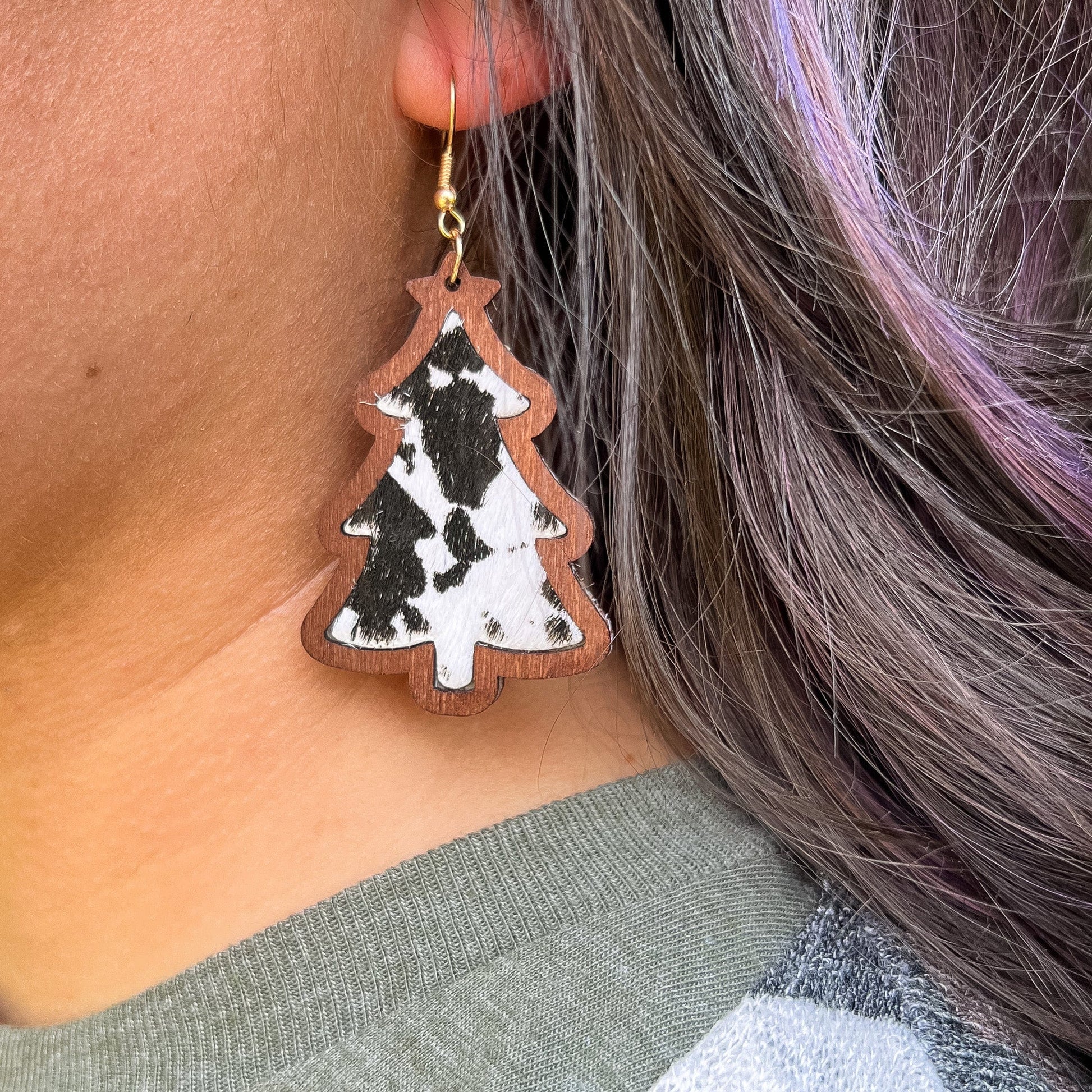Envy Stylz Boutique Women - Apparel - Shirts - T-Shirts Christmas Tree Cow Wooden Earrings