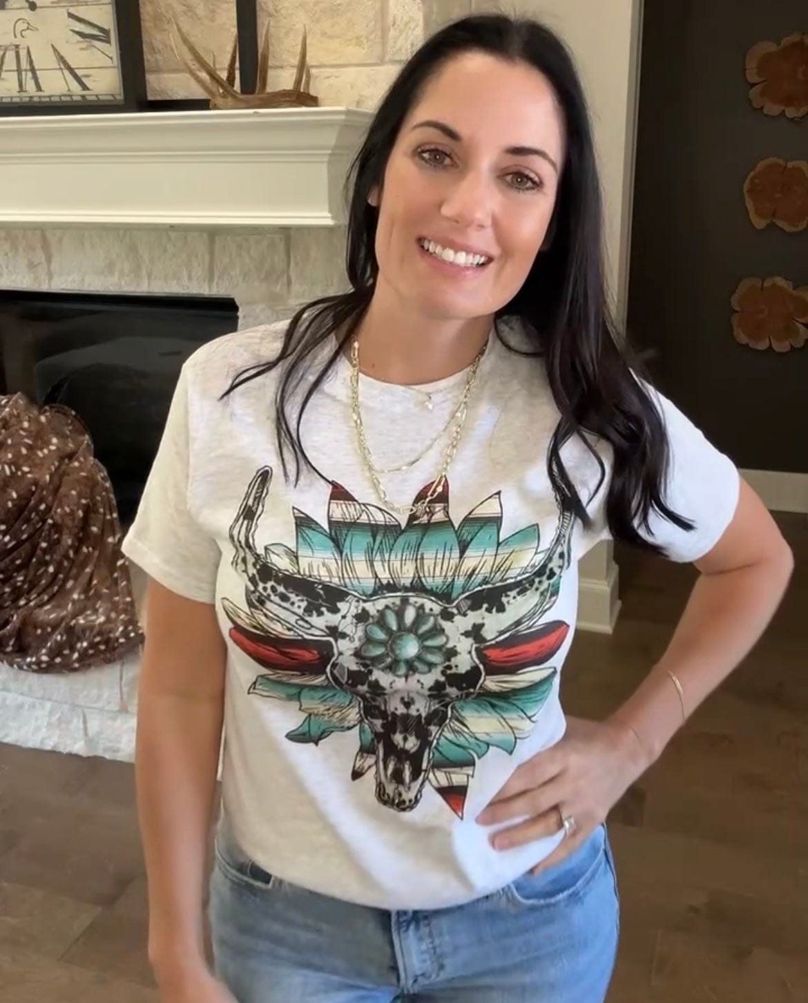 Envy Stylz Boutique Women - Apparel - Shirts - T-Shirts Cow Print Serape Turquoise Bullskull Flower Graphic Tee