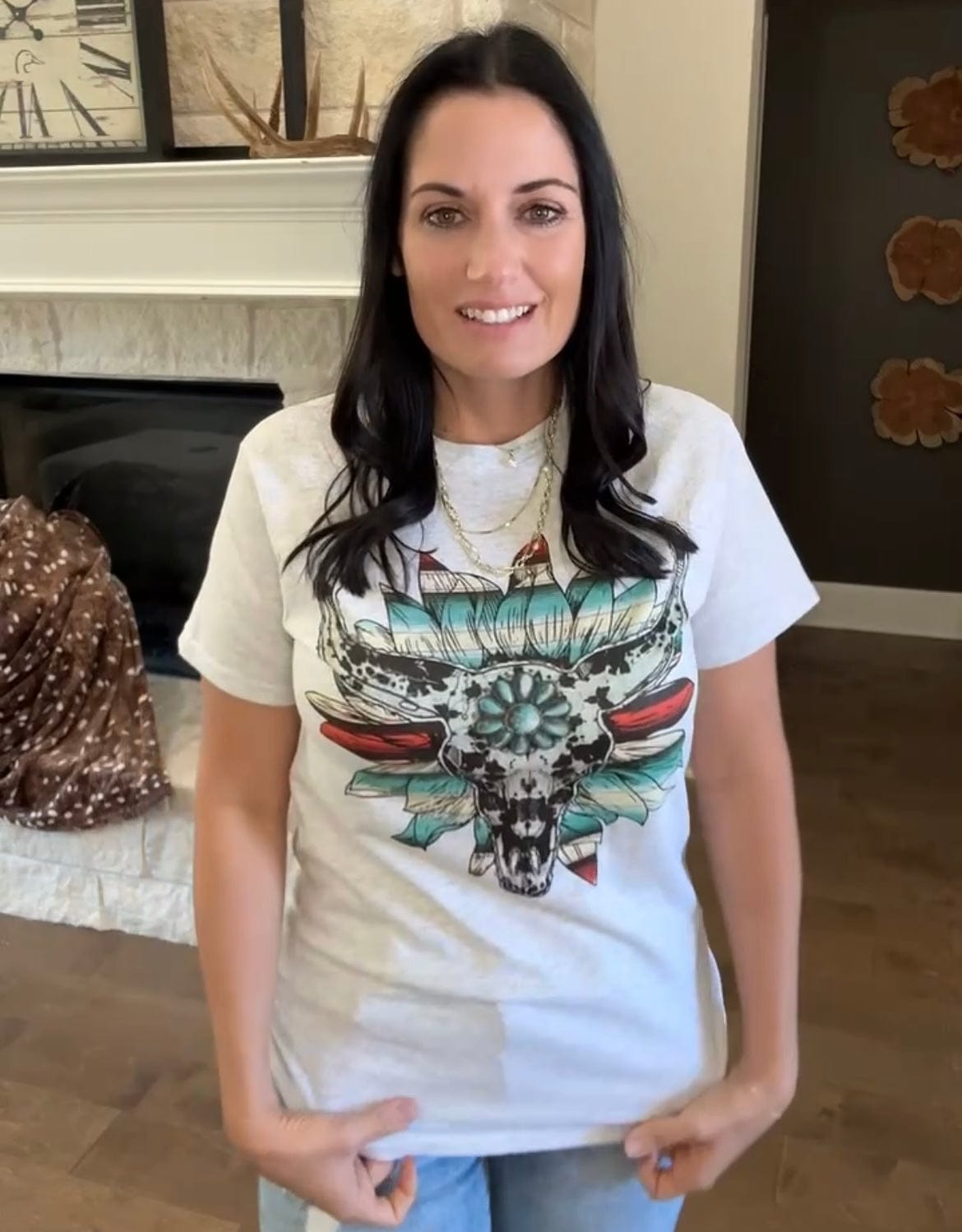 Envy Stylz Boutique Women - Apparel - Shirts - T-Shirts Cow Print Serape Turquoise Bullskull Flower Graphic Tee