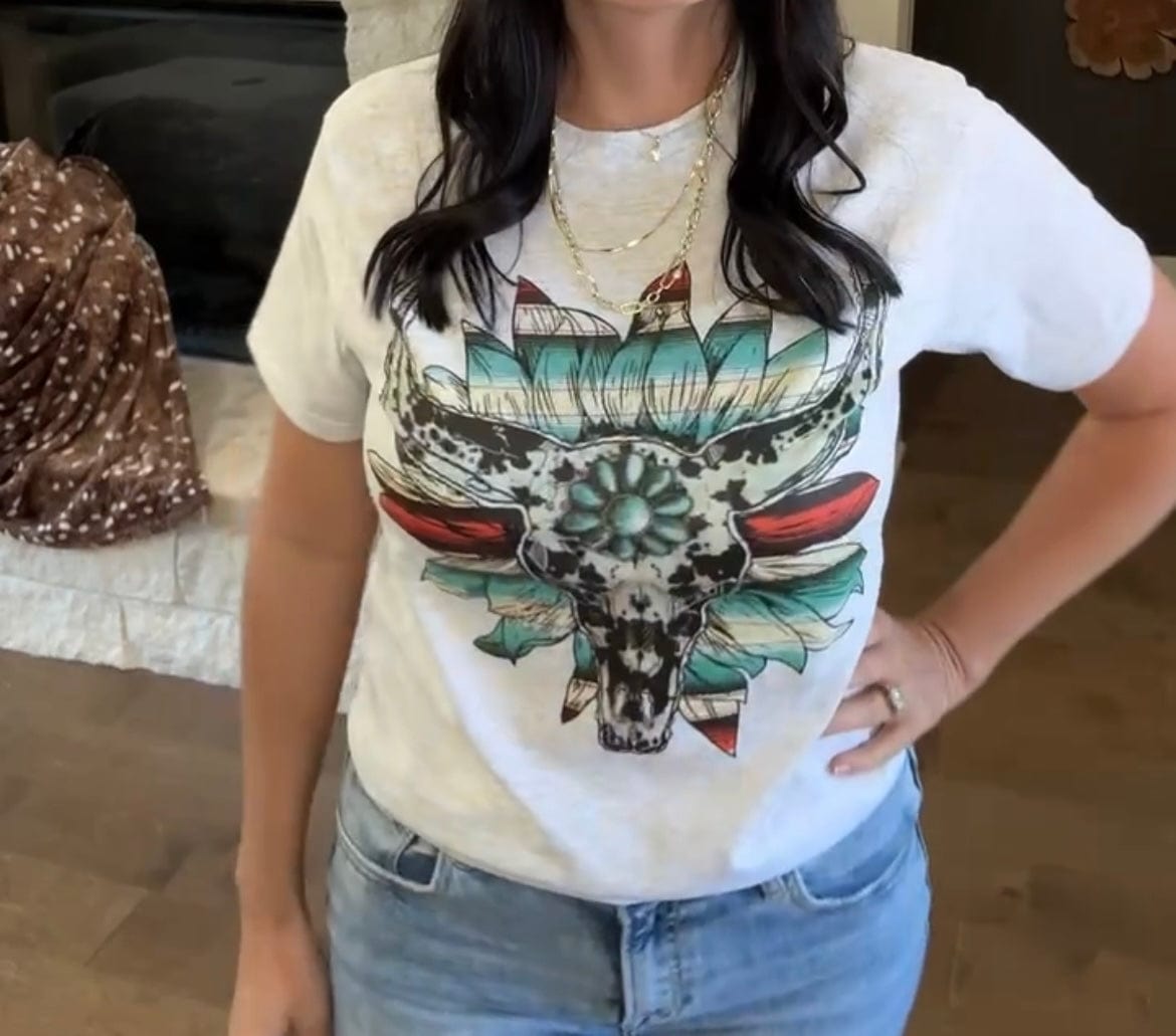 Envy Stylz Boutique Women - Apparel - Shirts - T-Shirts Cow Print Serape Turquoise Bullskull Flower Graphic Tee