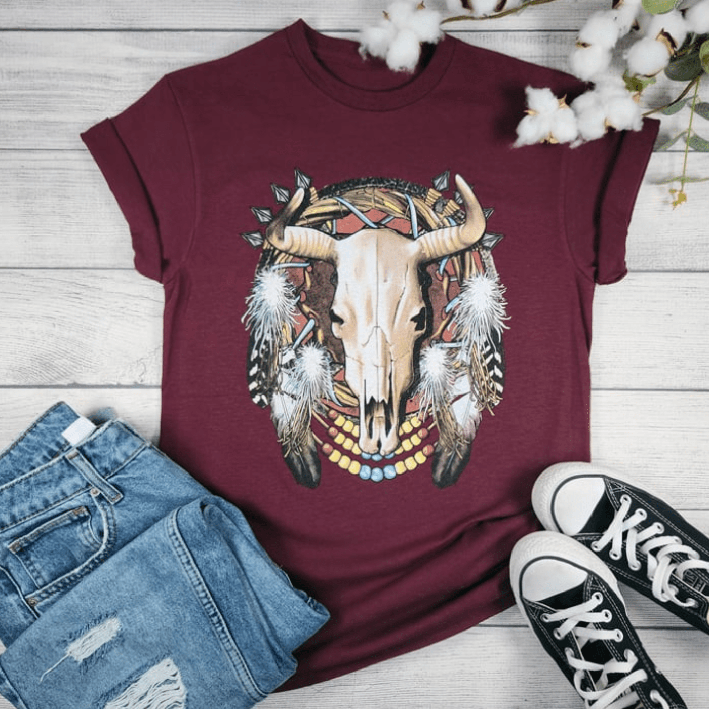 Envy Stylz Boutique Women - Apparel - Shirts - T-Shirts Cow Skull With Dreamcatcher Graphic T-shirt