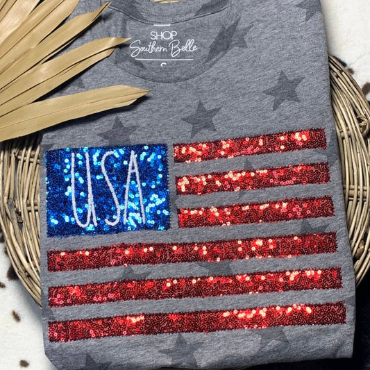 Envy Stylz Boutique Women - Apparel - Shirts - T-Shirts Flag Sequin USA Graphic Tee