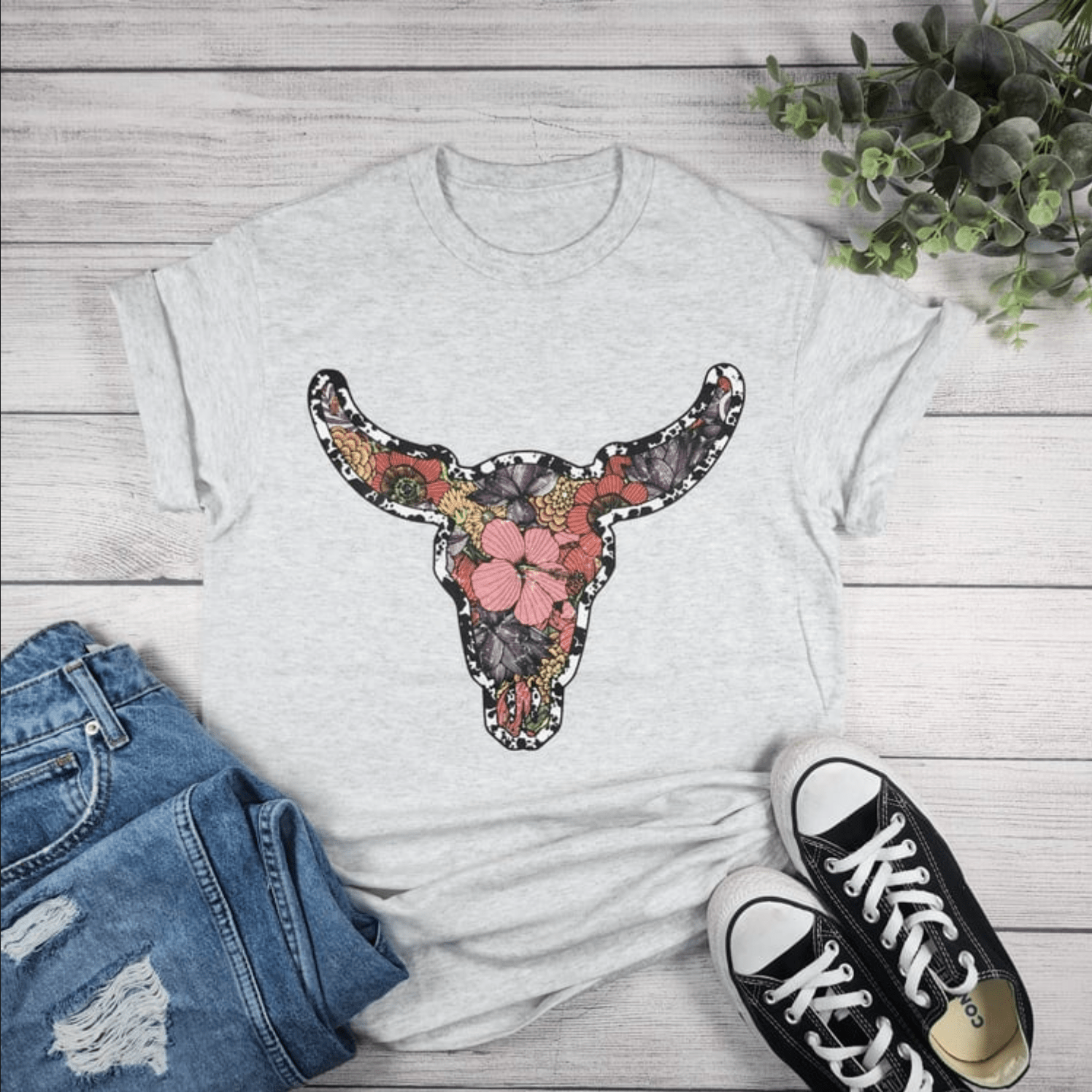 Envy Stylz Boutique Women - Apparel - Shirts - T-Shirts Flower Cow Skull Graphic Tee