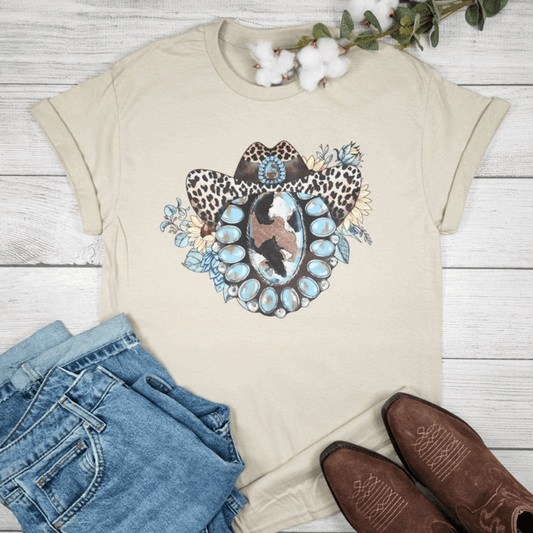 Envy Stylz Boutique Women - Apparel - Shirts - T-Shirts Gemstone With Leopard Cowboy Hat Graphic T-shirt