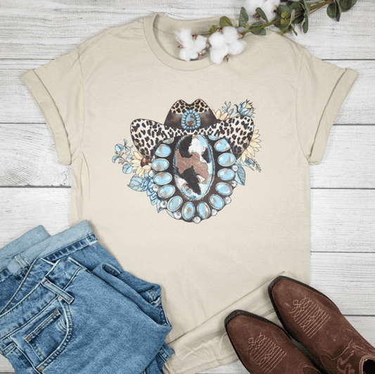 Envy Stylz Boutique Women - Apparel - Shirts - T-Shirts Gemstone With Leopard Cowboy Hat Graphic T-shirt