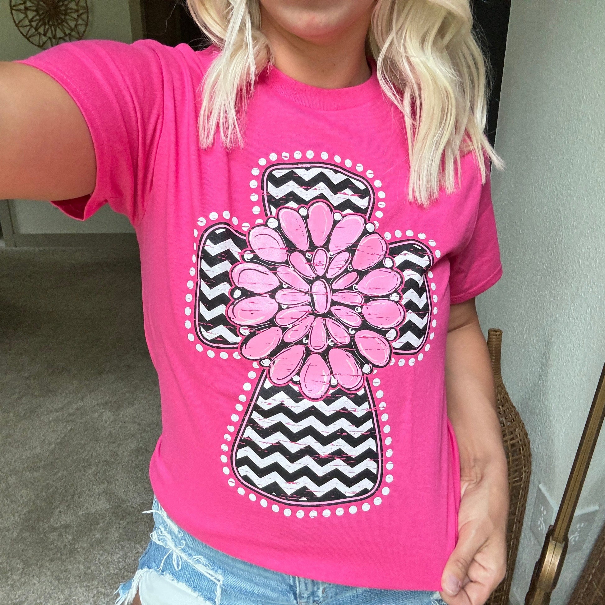 Envy Stylz Boutique Women - Apparel - Shirts - T-Shirts Pink Chevron Gemstone Cross Graphic T-shirt