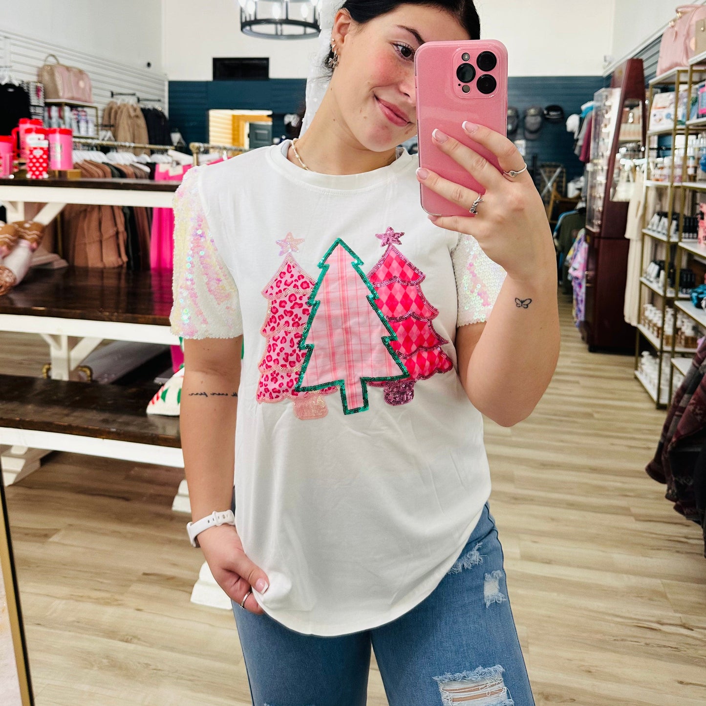 Envy Stylz Boutique Women - Apparel - Shirts - T-Shirts Pink Christmas Tree Sequin Top