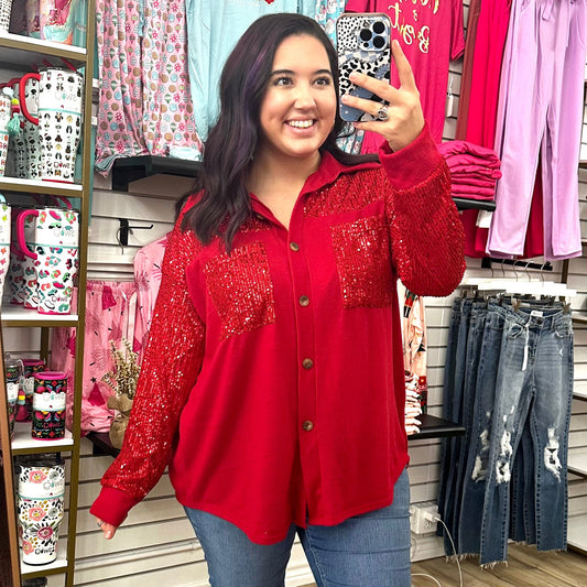 Envy Stylz Boutique Women - Apparel - Shirts - T-Shirts Red Sequin Button Down Shacket