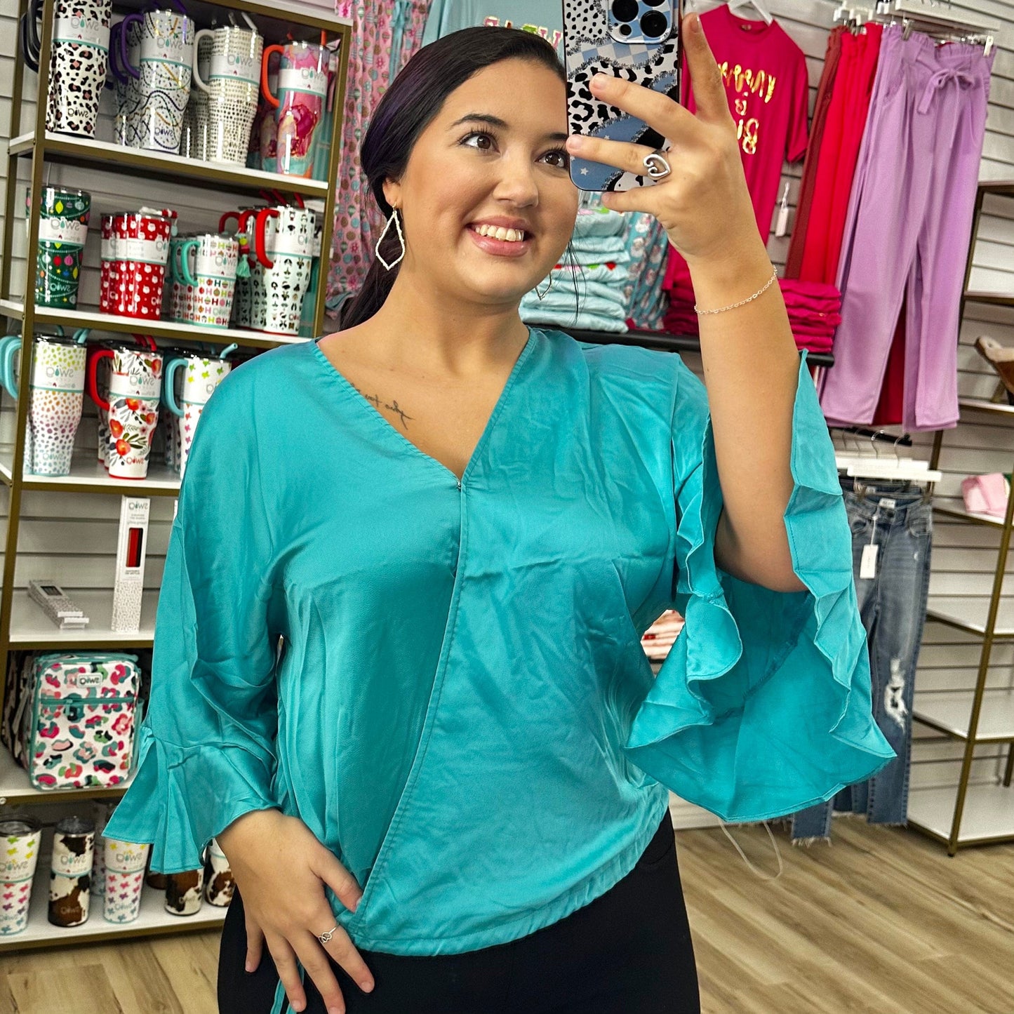 Envy Stylz Boutique Women - Apparel - Shirts - T-Shirts Teal Side Wrap Ruffle Sleeve Top
