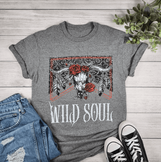 Envy Stylz Boutique Women - Apparel - Shirts - T-Shirts Wild Soul Cow Skull With Red Roses Graphic T-shirt