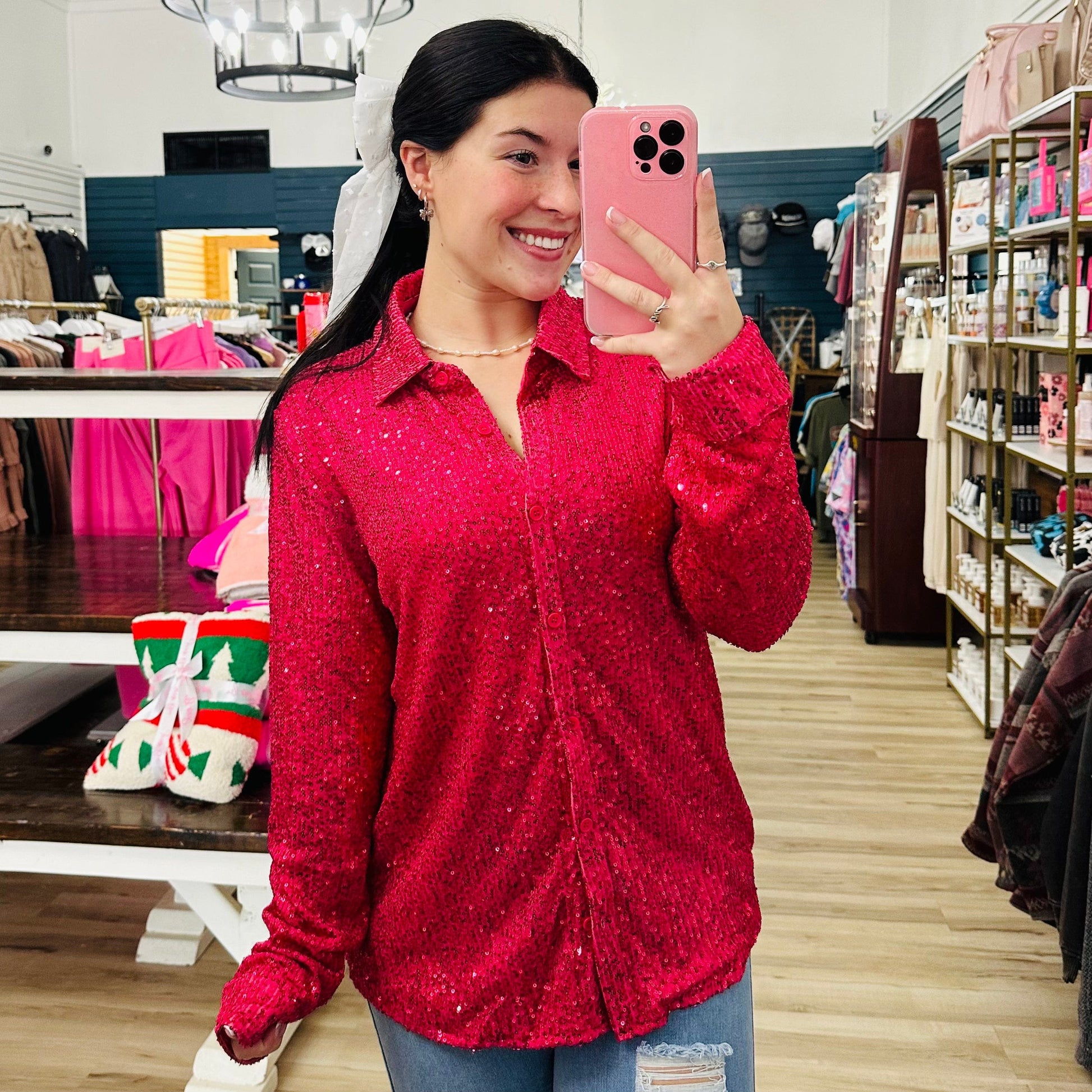 Envy Stylz Boutique Women - Apparel - Tops Hot Pink Sequin Button-Up