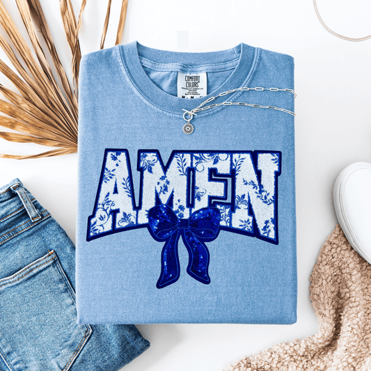 Envy Stylz Wholesale Women - Apparel - Shirts - T-Shirts Amen (Blue) Chenille Patch Graphic Tee