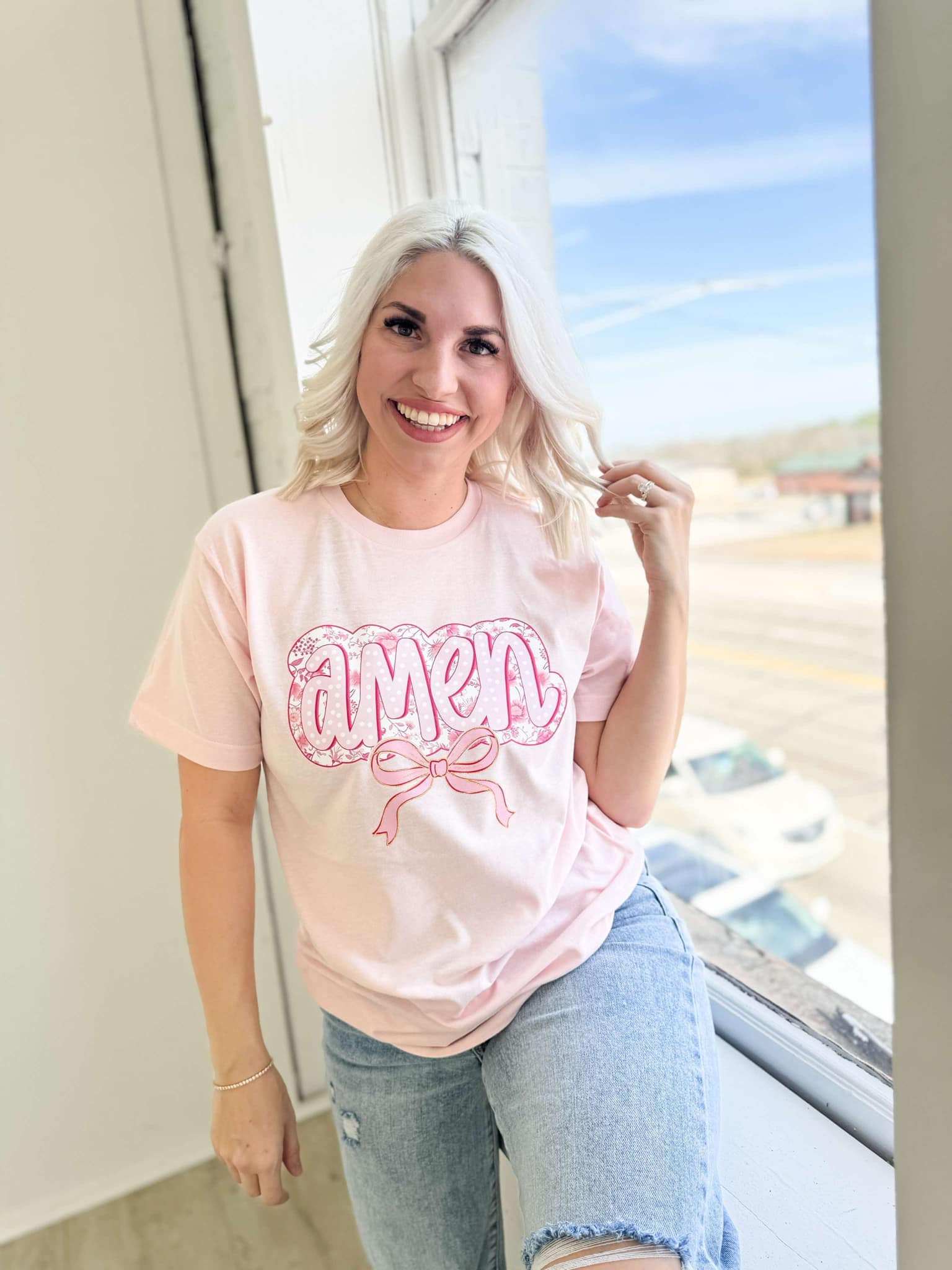 Envy Stylz Wholesale Women - Apparel - Shirts - T-Shirts Amen Pink Bow Graphic Tee