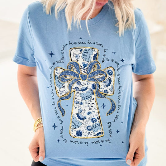 Envy Stylz Wholesale Women - Apparel - Shirts - T-Shirts Blue He Is Risen Cross Graphic Tee