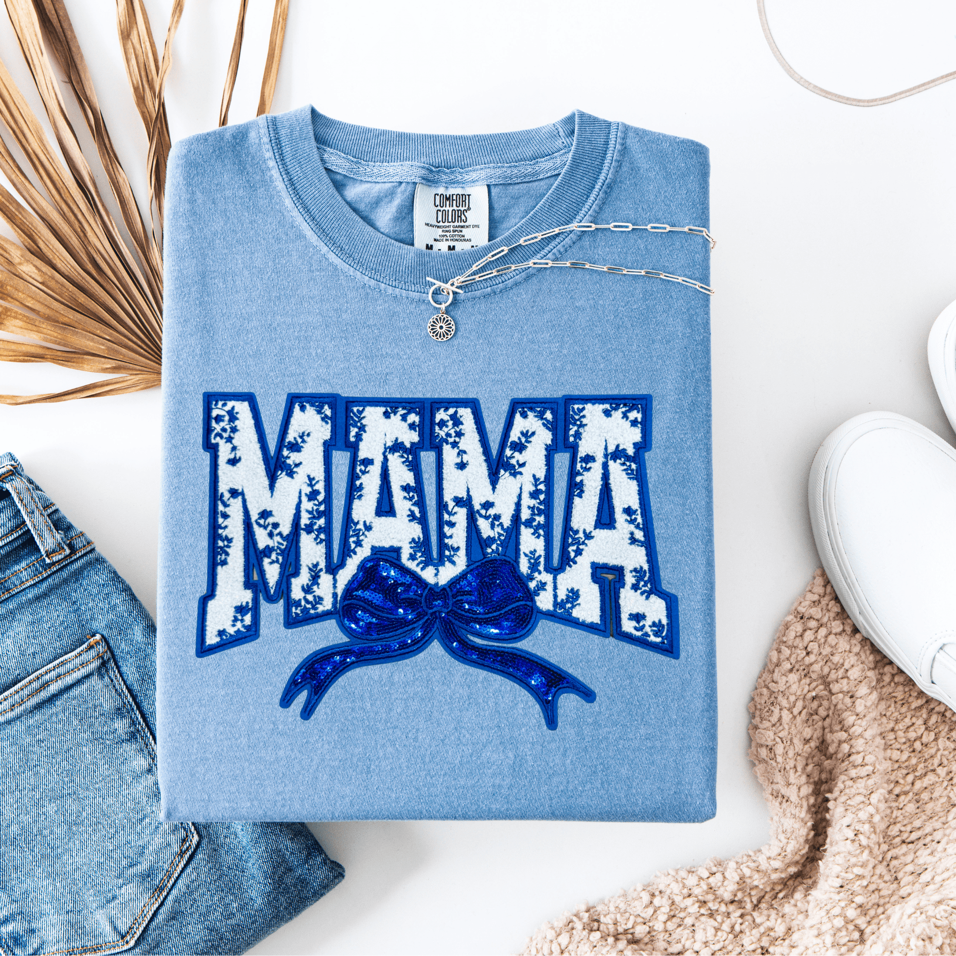 Envy Stylz Wholesale Women - Apparel - Shirts - T-Shirts Mama (Blue) Chenille Patch Graphic Tee