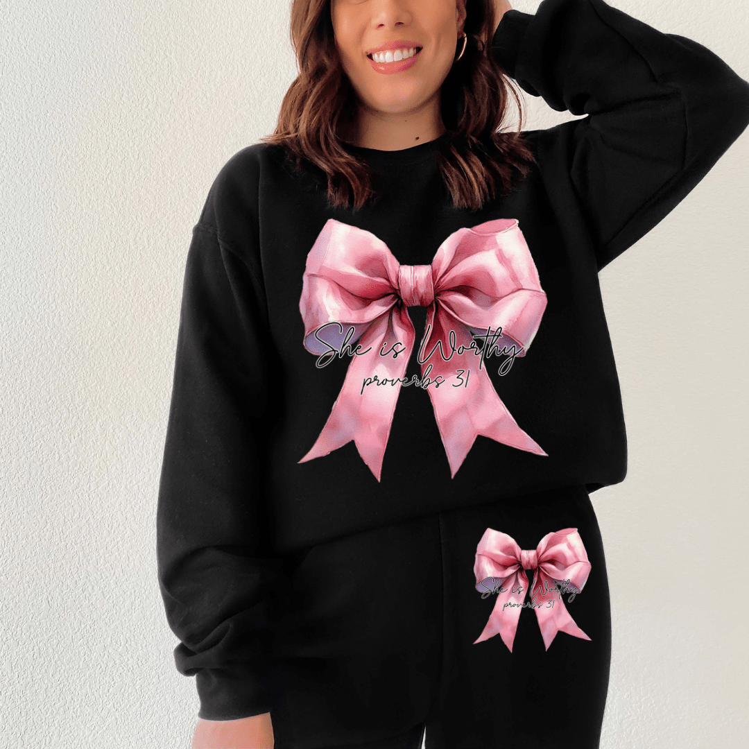 Envy Stylz Wholesale Women - Apparel - Shirts - T-Shirts Pink She Is Worthy Bow Sweat Set